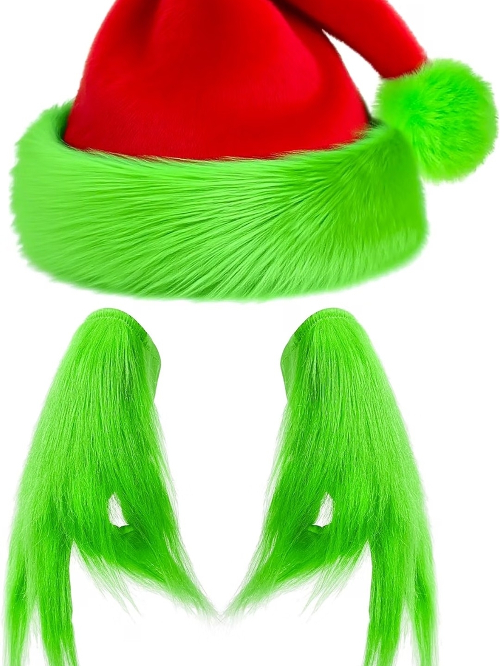 Festive Red Hat with Neon Green Faux Fur Trim and Pigtails SET